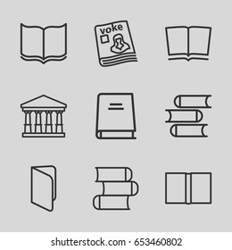Library icons set. set of 9 library outline icons such as court, book