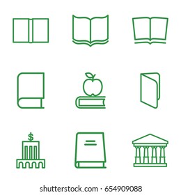 Library icons set. set of 9 library outline icons such as court, book, apple on book