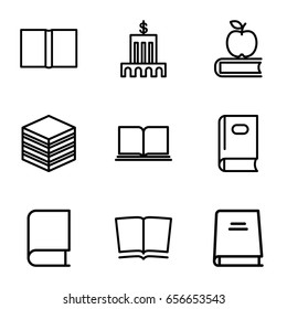 Library icons set. set of 9 library outline icons such as book, apple on book, bank