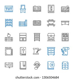 library icons set. Collection of library with archive, audiobook, audio guide, book, diary, literature, drawer, bible, bookshelf, school. Editable and scalable library icons.