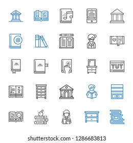 Library Icons Set. Collection Of Library With Books, Drawer, Reading, Open Book, Bookshelf, Museum, Science Book, Tutorial, Book, Diary, Librarian. Editable And Scalable Library Icons.