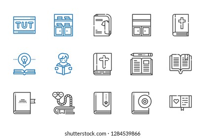 library icons set. Collection of library with diary, audiobook, book, bookworm, bible, reading, open book, bookshelf, catalogue, tutorial. Editable and scalable library icons.