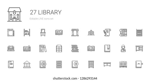 library icons set. Collection of library with drawer, audiobook, bookcase, book, museum, open book, books, archive, literature, university. Editable and scalable library icons.