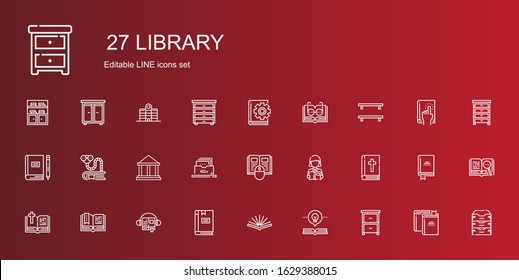 library icons set. Collection of library with drawer, open book, book, audiobook, bible, reading, filing cabinet, museum, bookworm, bookshelf. Editable and scalable library icons.