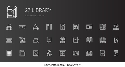 library icons set. Collection of library with open book, drawer, reading, book, bookshelf, filing cabinet, bookworm, tutorial, cabinet, books. Editable and scalable library icons.