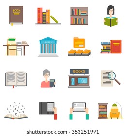 Library icons set with flat books and e-books isolated vector illustration
