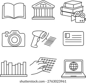 Library icons set for National Library Snap Shot Day. Minimal black line art collection