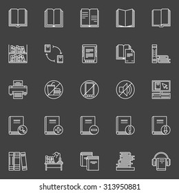 Library icons set - vector linear collection of books signs and other library symbols on dark background