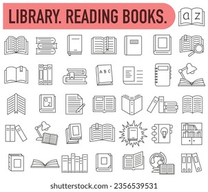 Library. Icons of textbooks for learning. A set of literature in the library are drawn with a thin line. Vector illustration. EPS 10.