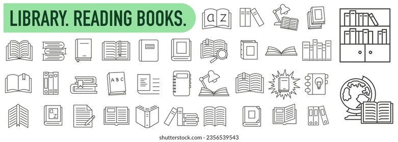 Library. Icons of textbooks for learning. A set of literature in the library are drawn with a thin line. Vector illustration. EPS 10.