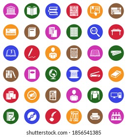 Library Icons. White Flat Collection In Circle. Vector Illustration.