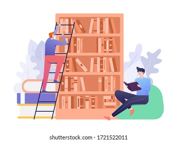 Library Illustration with Person Reading Book and the other Searching for Book as Concept. This illustration can be use for website, landing page, web, app, and banner.