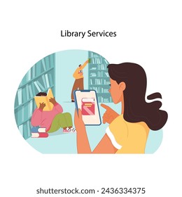 Library interaction concept. People of various ages and races using modern library services, from digital tablets to selecting books in real life. Importance of reading. Flat vector illustration