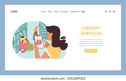 Library interaction concept. People of various ages and races using modern library services, from digital tablets to selecting books in real life. Importance of reading. Flat vector illustration