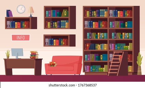 Library interior. Book shelves, info point with computer. Reading or study room vector illustration