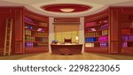 Library interior, bookcase, bookshelf, desk, window with curtain. Oval office, decorated furniture, mahogany, carpet. Large collection of books. Vintage room interior. Vector cartoon illustration.