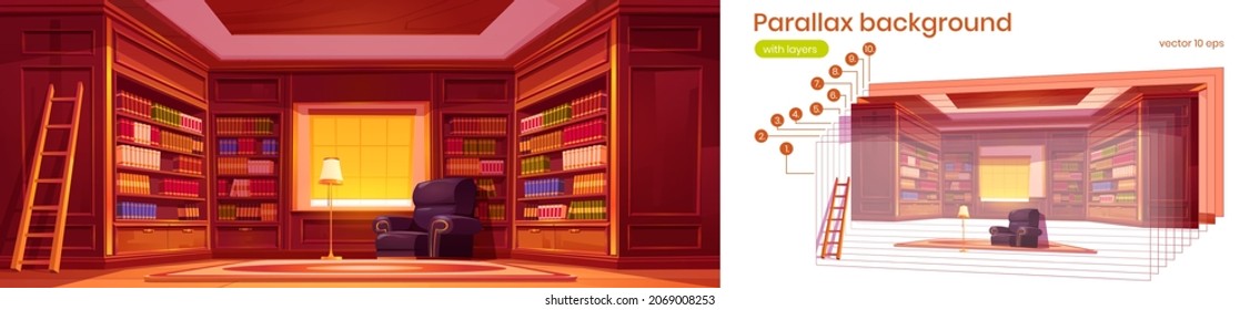 Library interior with bookcases, ladder, chair and lamp. Vector parallax background for 2d animation with cartoon old luxury library with wooden furniture, bookcases and armchair