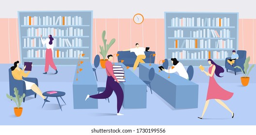 Library interior with books and people read literature, man holding pile of books vector flat illustration. Education, studying and reading in library concept, room full of bookshelves, librarian.