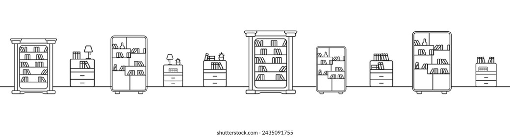 Library interior with bookshelves. Seamless room with bedside tables and bookcases. The interior of the room. Linear endless pattern of bookcases and cabinets.