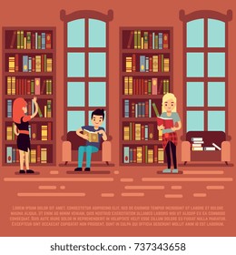 Library interior concept - teenagers and students rading books in library. Education students, bookshelf in university, vector illustration - Shutterstock ID 737343658
