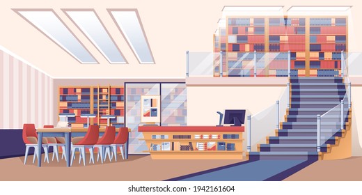 Library interior design background. Room with bookcases, table, chairs, counter with computer, ladder vector illustration. Modern colorful furniture indoor, horizontal panorama.