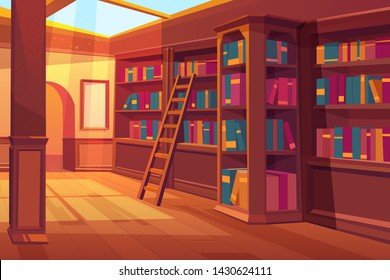 Library interior, empty room for reading with books on wooden shelves, ladder, glass window on roof with falling sun rays. Cozy place for litareture collection, athenaeum Cartoon vector illustration