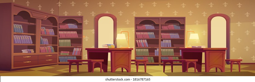 Library interior, empty room for reading with various books collection on wooden bookcase shelves, desks with lamps and wallpapers on wall. Cozy place for literature readers, cartoon vector athenaeum