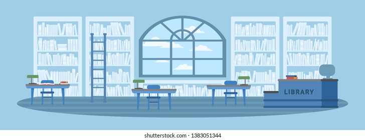 Library interior flat vector illustration. Bookshelves, tables with desk chairs. Books, textbooks stacks and rows drawing. Education, studying, learning. Empty university, school, college reading room