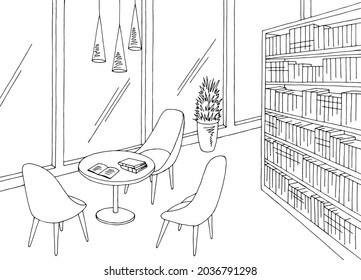 Library interior graphic black white modern sketch illustration vector 