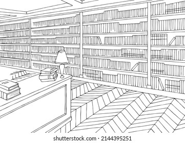 Library interior graphic black white sketch illustration vector 