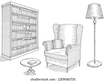 Library interior graphic black white sketch isolated illustration vector 