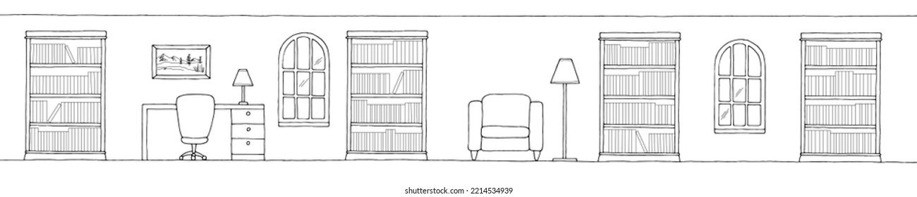 Library interior graphic black white long sketch illustration vector 