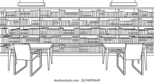 Biblioteca interior gráfico preto branco moderno esboço ilustração vetor 