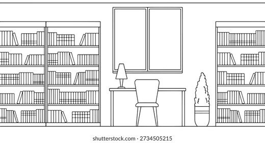 Vetor de ilustração de esboço branco preto gráfico interior da biblioteca 