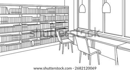 Library interior graphic black white modern sketch illustration vector 