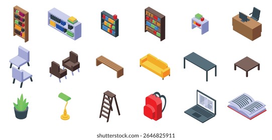Library interior icons set. Isometric library furniture set creating a cozy and inviting atmosphere for reading and studying