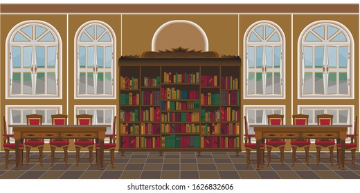 library interior with large windows and tables. Living Room Interior