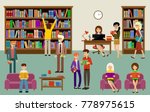 Library interior with people and book shelves. Education. Vector illustration