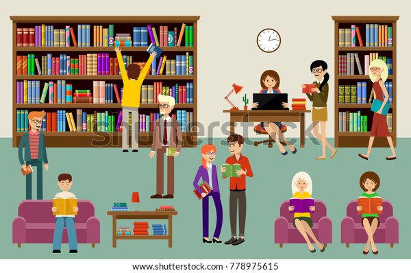 Library Interior People Book Shelves Education Stock Vector (Royalty ...