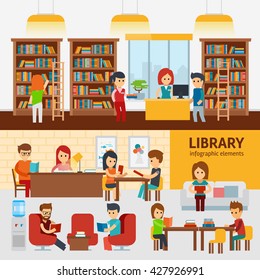 Library interior with people, reading books infographic elements. Library vector flat illustration, library stock vector design