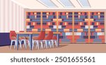 Library interior of reading room. Empty school or university library with bookshelves full of old books, tables, chairs for studying. Meeting room. Cartoon vector illustration.