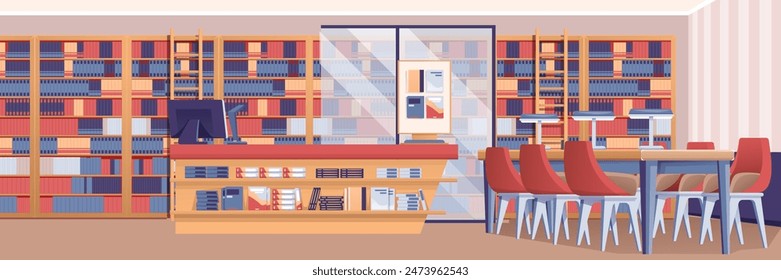 Library interior of reading room. Empty school or university library with bookshelves full of old books, tables, chairs for studying, librarian desk. Cartoon vector illustration.