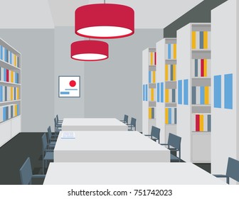 Library interior with tables, chairs, bookcases, lights. Perspective view. Empty space. Vector illustration of reading room. Shades of gray and bright red. Scene for design. Horizontal composition.