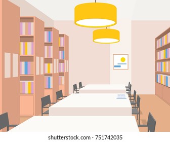 Library interior with tables, chairs, bookcases, lights. Perspective view. Empty space. Vector illustration of reading room. Warm colors. Beige, yellow, brown. Scene for design. Horizontal composition