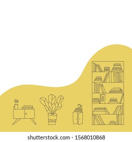 Library interior. Template for banner with copy spce.  Vector illustration in doodle style.