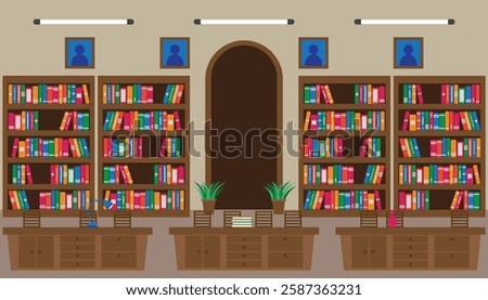 Library interior withreading tables and book shelves vector illustration