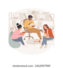 Library isolated cartoon vector illustration. People sitting in a local library, small cozy reading room, community meeting, residential common facilities, indoor public place vector cartoon.