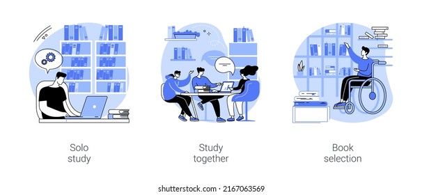 Library isolated cartoon vector illustrations set. Solo study, students studying together in university library, books on the shelf, student lifestyle, educational process at college vector cartoon.