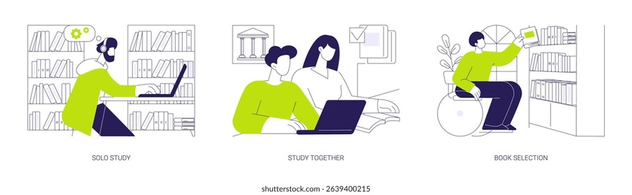 Library isolated cartoon vector illustrations set. Solo study, students studying together in university library, books on the shelf, student lifestyle, educational process at college vector cartoon.