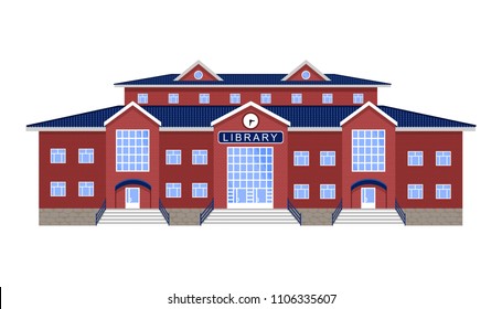 library, isolated classic red brick building with blue roof, three entrances, clock above the entrance